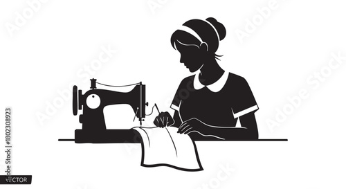 Silhouette of a woman sewing on a vintage sewing machine, ideal for tailoring and fashion projects