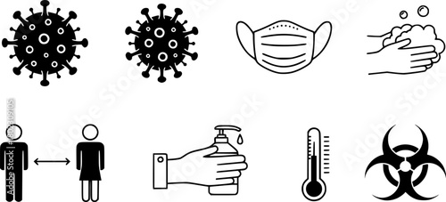 a set of coronavirus icons, minimal, black and white


