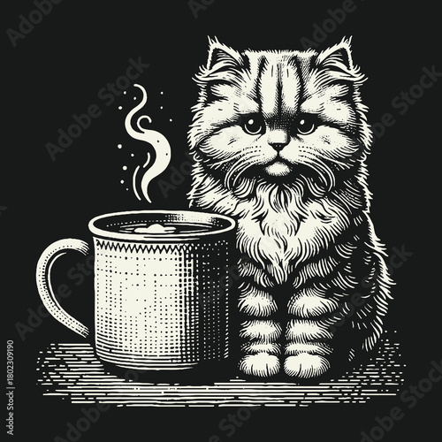 Fluffy Persian Cat Sitting Next to a Steaming Hot Coffee Mug.