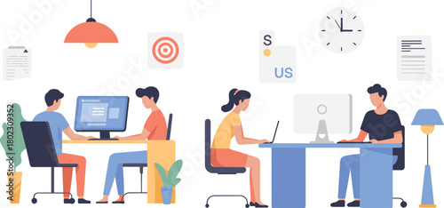 Modern office teamwork illustration with diverse people collaborating on computers, project management dashboard, communication, and productivity workspace concept