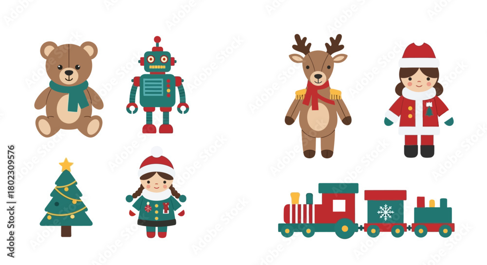 Fototapeta premium Set of cute and colorful Christmas and holiday-themed illustrations featuring toys, characters, and festive objects