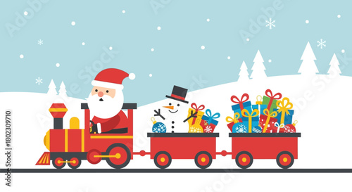 Santa Claus driving a festive red train filled with gifts and a snowman, set against a snowy winter landscape with pine trees and falling snow