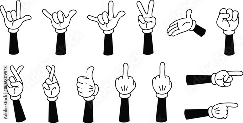 Collection of cartoon hands making various gestures and signs in a retro animation style