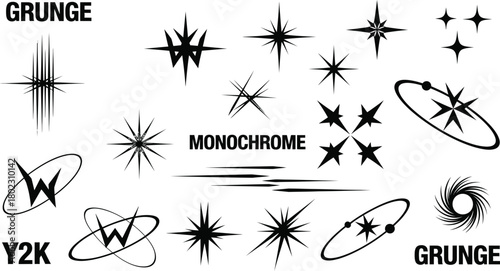 Monochrome y2k grunge abstract graphic elements with starbursts and oval shapes