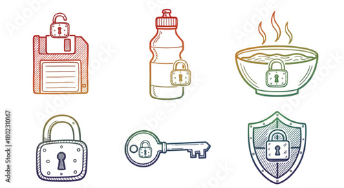 Hand-drawn objects locked for security: vintage padlock on floppy, bottle, soup, lock, key, shield
