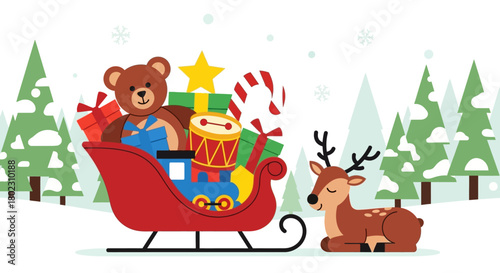 Festive Sleigh Full of Toys and a Reindeer Companion in a Snowy Winter Landscape