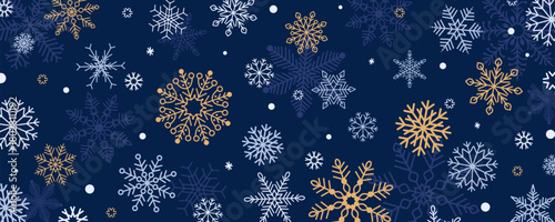 Horizontal winter background with snowflakes in different shapes and forms. Holiday ornament. Flat vector illustration. Ideal for banner, wallpaper, cover