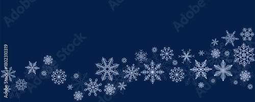 Rectangular winter banner with elegant garland of white snowflakes on navy backdrop. Holiday design in flat style. Perfect for background, poster, wallpaper, cover