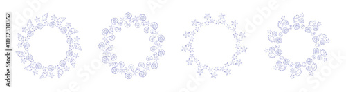 Set of 4 isolated nautical elegant circle frames. Different seashells, stars, pearl in hand drawn ink sketch retro style. Trendy template for decoration cover, album