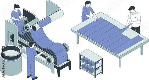 Modern textile manufacturing process with workers operating automated fabric production machines, blue fabric rolls, industrial textile equipment, garment industry workflow illustration