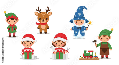 Cute Christmas Elves and Reindeer Characters, Including a Wizard and Toy Maker, Preparing Gifts and Presents, Festive Holiday Scene
