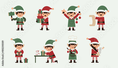Collection of Christmas elves engaged in various festive activities, creating a joyful holiday atmosphere