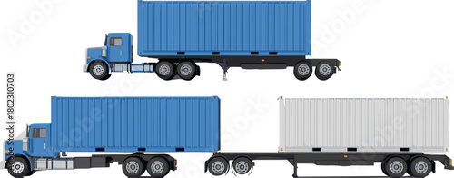 Realistic 3D illustration of blue cargo container trucks side view showing logistics, freight transport, and shipping industry concept design