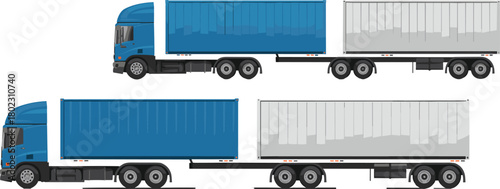 Realistic 3D illustration of blue cargo container trucks side view showing logistics, freight transport, and shipping industry concept design