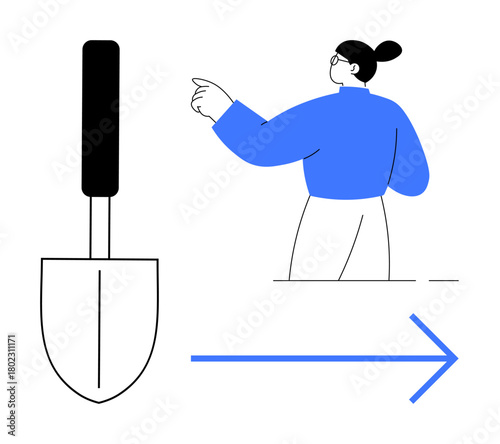 Woman gesturing forward next to a trowel and arrow. Ideal for guidance, direction, growth, teamwork, construction, decision-making, goal-setting concepts. Simple flat metaphor