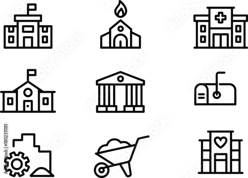 Set of black and white building icons including school, hospital, church, bank, factory, and construction tools in minimalist style