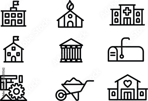 Set of black and white building icons including school, hospital, church, bank, factory, and construction tools in minimalist style