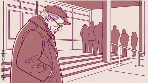 Elderly man in a social hall but mentally distant, recalling life achievements and regrets drawn in glowing 2D story lines