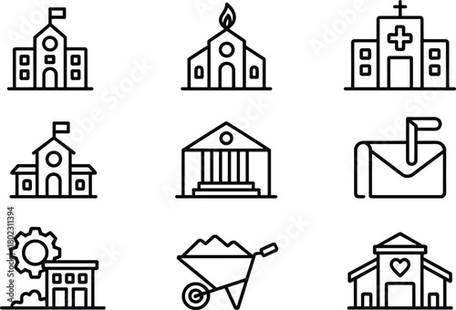 Set of black and white building icons including school, hospital, church, bank, factory, and construction tools in minimalist style
