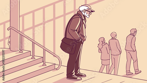 Elderly man in a social hall but mentally distant, recalling life achievements and regrets drawn in glowing 2D story lines