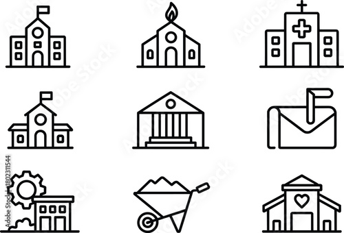 Set of black and white building icons including school, hospital, church, bank, factory, and construction tools in minimalist style