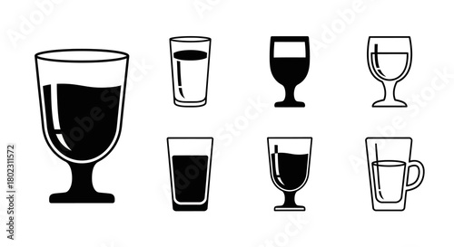 Collection of simple black and white drink glass icons in minimalist style