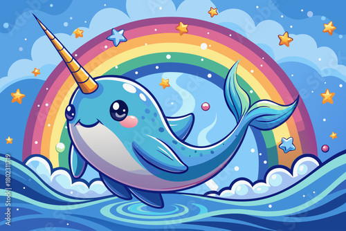 Magical narwhal with rainbow horn emerges from water like a sea unicorn, surrounded by pastel stars