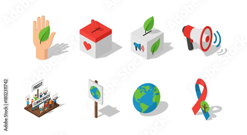 Isometric environmental icons: activism, earth, and awareness symbols for social causes