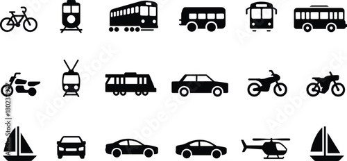 Set of black and white transportation icons featuring cars, bicycles, buses, trains, motorcycles, helicopters, and sailboats isolated on white background