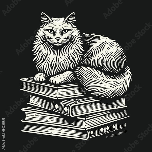A wise fluffy cat rests on a stack of old books in a vintage woodcut style.
