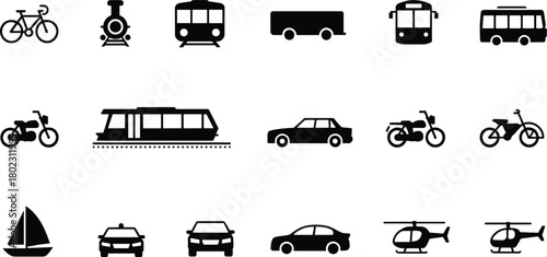 Set of black and white transportation icons featuring cars, bicycles, buses, trains, motorcycles, helicopters, and sailboats isolated on white background