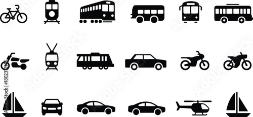 Set of black and white transportation icons featuring cars, bicycles, buses, trains, motorcycles, helicopters, and sailboats isolated on white background