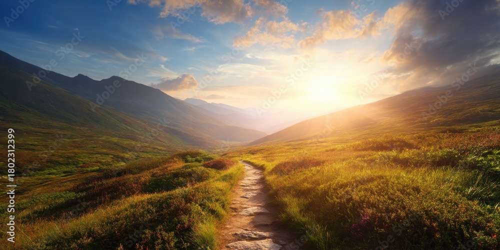Fototapeta premium A serene landscape at sunset, featuring a winding path through lush meadows and mountains, illuminated by warm, golden light.