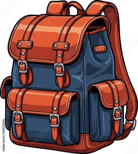 Vintage School Backpack with Leather Trim Cartoon Vector Illustration
