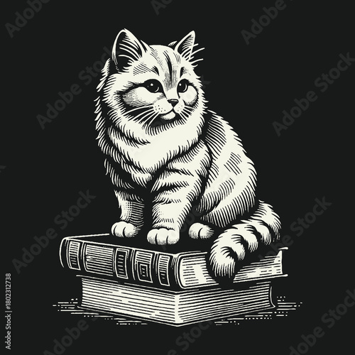 A charming fluffy cat sits majestically on a stack of old books.