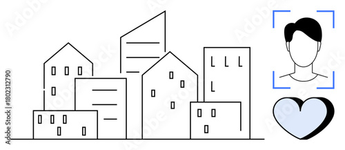 Cityscape with skyscrapers and houses, a user avatar profile framed by recognition lines, and a heart icon. Ideal for community, technology, connection, identity, innovation, urban planning