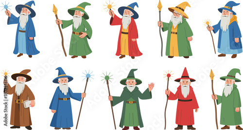 Set of cartoon wizard illustrations showing fantasy characters with magic staffs, colorful robes, and hats for fairytale and fantasy design