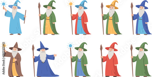 Set of cartoon wizard illustrations showing fantasy characters with magic staffs, colorful robes, and hats for fairytale and fantasy design