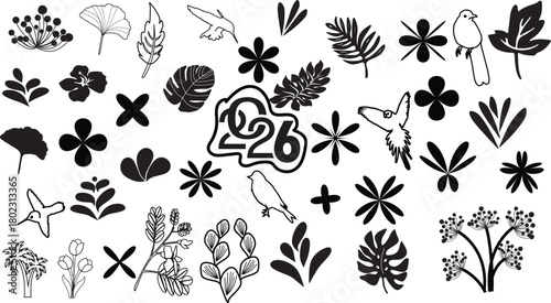 Collection of hand drawn botanical and abstract floral elements