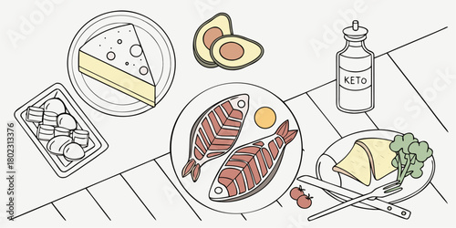 Delicious keto diet food spread featuring fish avocado cheese and vegetables for healthy eating inspiration