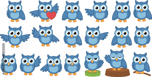 Set of cute blue cartoon owls with different poses and expressions, funny bird character collection for kids and design projects