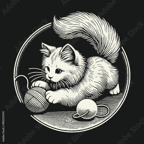 Engraving Style Illustration of a Fluffy Kitten Playing with Yarn.