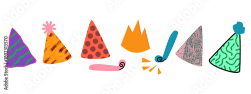 vector illustration of a set of colored pencils, Hand drawn birthday party hats and doodle party blowers horns set vector illustration isolated on transparent background. Childish, kids design element