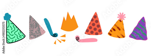 Hand drawn birthday party hats and doodle party blowers horns set vector illustration isolated on transparent background. Childish, kids design elements with colorful dots and set of vector flags