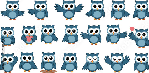 Set of cute blue cartoon owls with different poses and expressions, funny bird character collection for kids and design projects