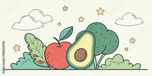 Whimsical healthy food garden scene with playful clouds and stars, perfect for children's books and educational materials