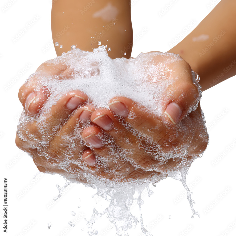Fototapeta premium Hands covered in soap bubbles isolated on a transparent background