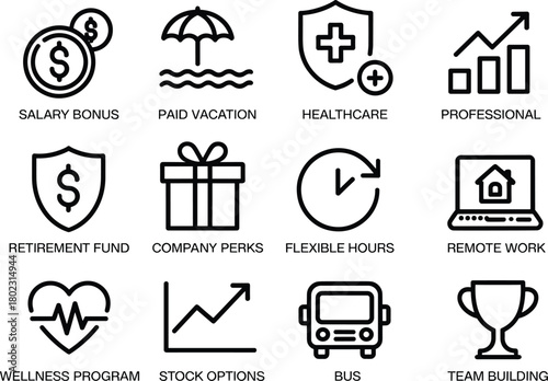 Set of employee benefit icons including salary bonus, paid vacation, healthcare, retirement fund, remote work, wellness program, and team building
