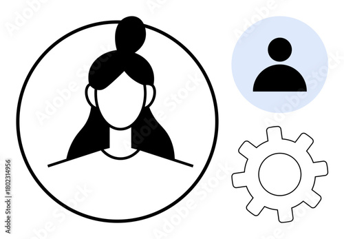 Female profile in round frame, male avatar, and gear for customization. Ideal for account management, privacy, personalization, configuration, technology team dynamics UIUX concept. Simple flat