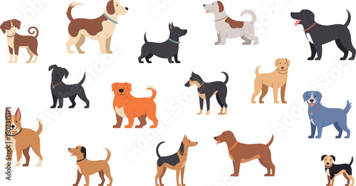 Set of fifteen cute cartoon dogs in various breeds and colors, playful domestic pets illustration collection on white background